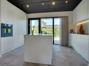 Fridge, oven, dishwasher, high chair