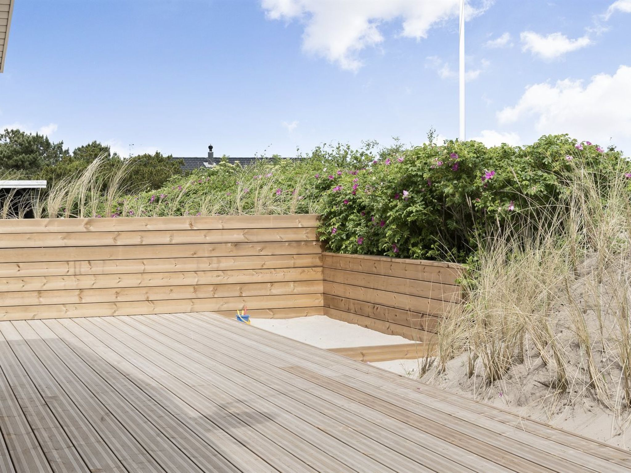 A wooden deck with a sandy area, surrounded by dense vegetation and a clear sky.