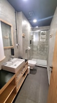 Ducha, cabezal de ducha tipo lluvia, secador de pelo, toallas