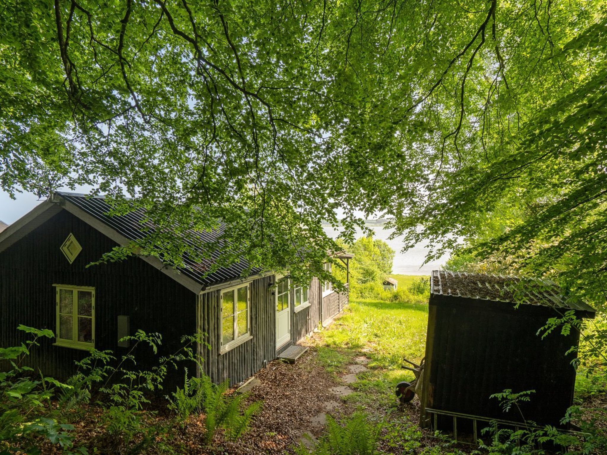 A rustic cabin with a sloped roof, a small porch, and a shed in a wooded area.