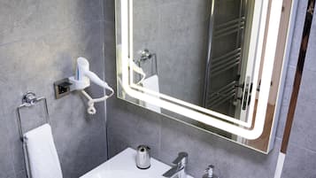 Shower, rainfall showerhead, hair dryer, slippers