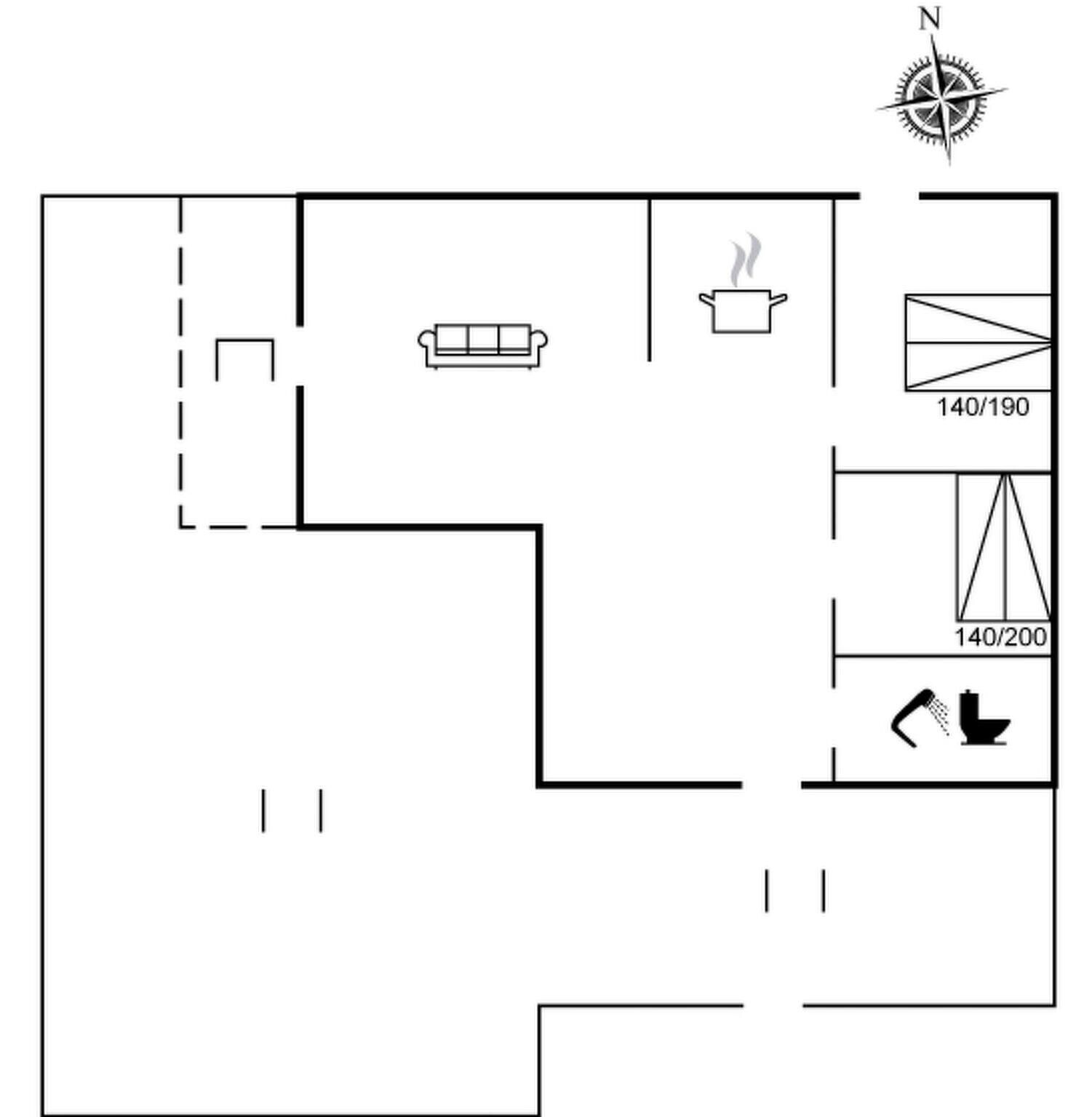 Un plano de planta que muestra una sala de estar, una kitchenette y un baño.