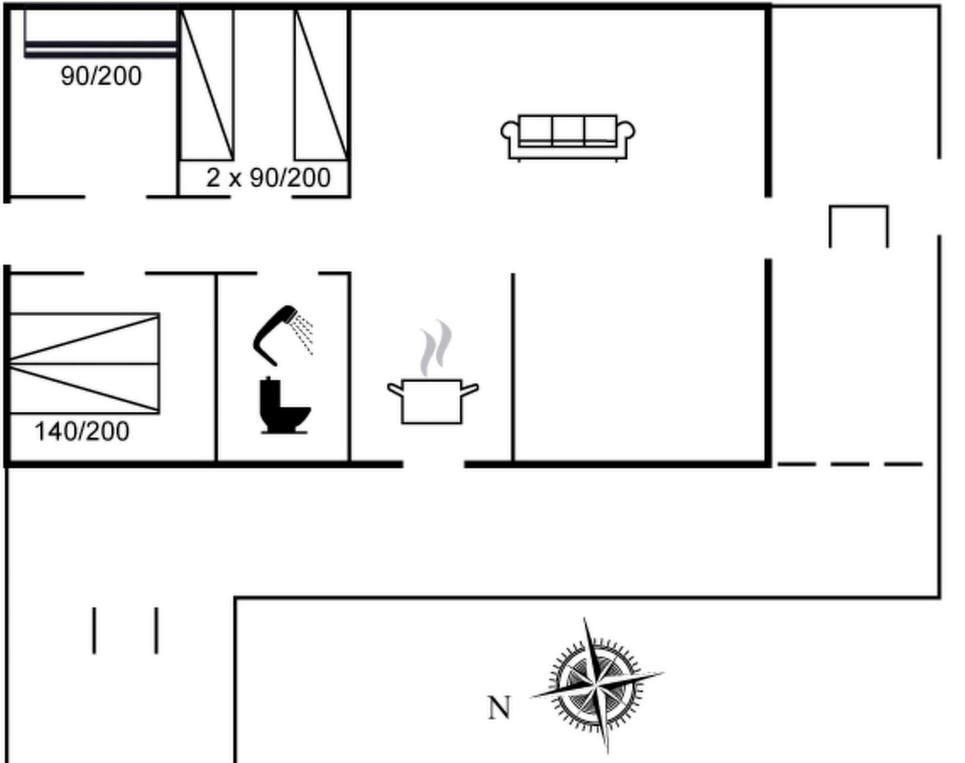 A floor plan with a kitchen area, a living room, and a bathroom.