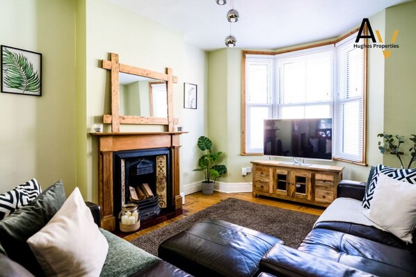 TV, fireplace, books