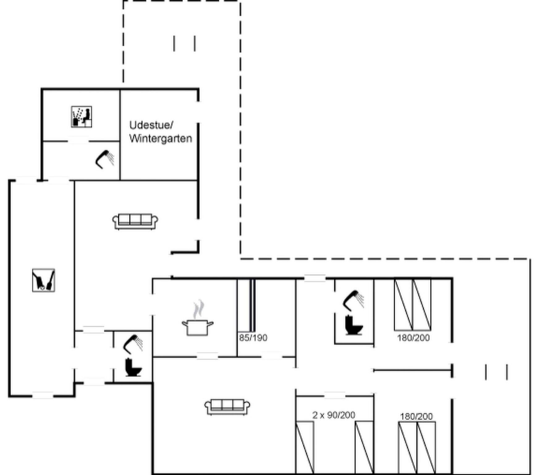 Een plattegrond met een keuken, twee badkamers, een woonruimte en een aparte ruimte voor een wintertuin.