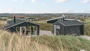 A modern, dark-colored cabin with a large glass door and a small attached structure, surrounded by tall grass and other similar cabins in a rural setting.