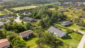 An aerial view of a residential area with houses surrounded by greenery and open fields.