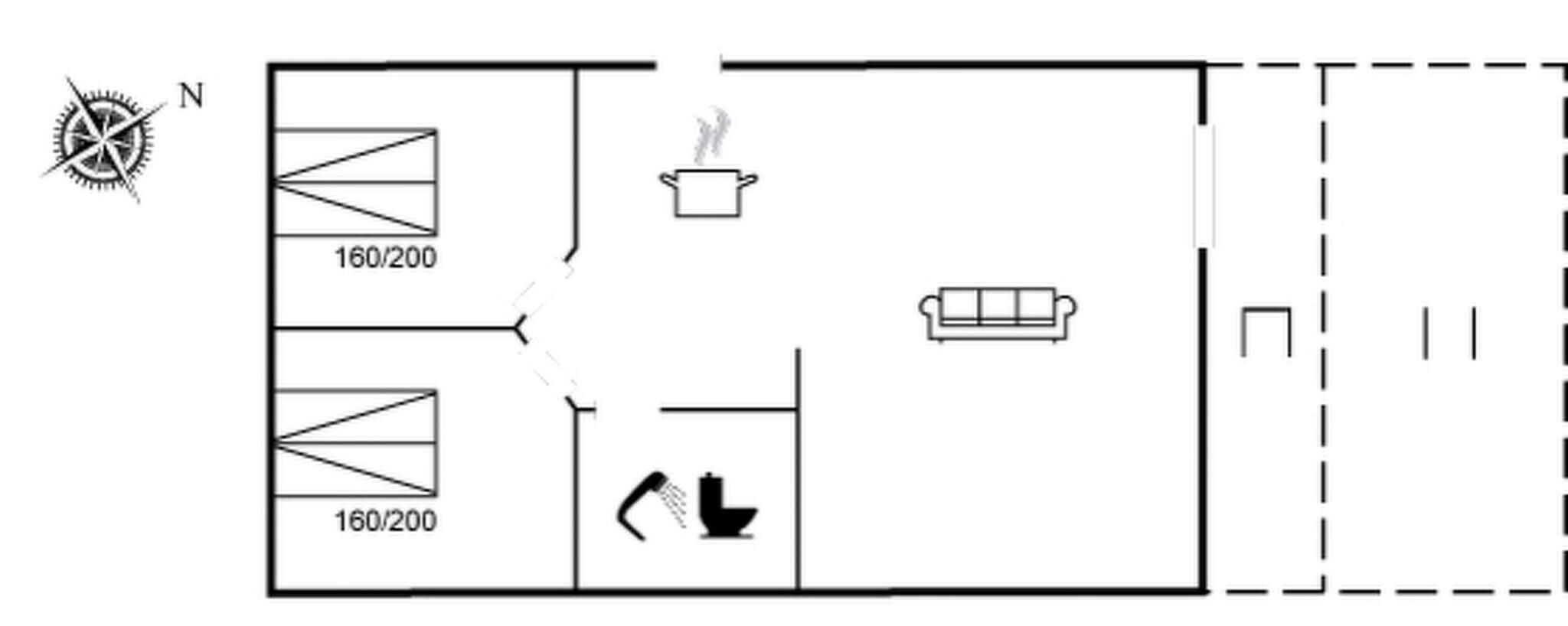 Pianta degli ambienti con cucina, zona pranzo e soggiorno.