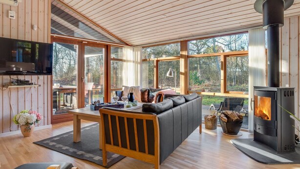Een moderne woonkamer met een open haard, houten vloeren en grote ramen.
