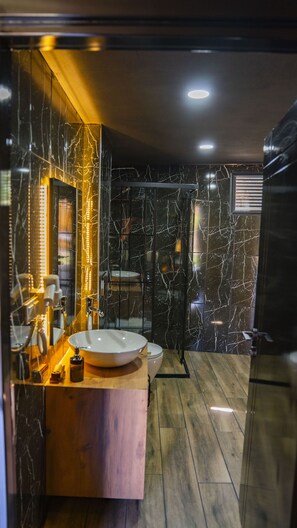 Familiekamer | Badkamer | Een douche, een regendouche, een haardroger, pantoffels