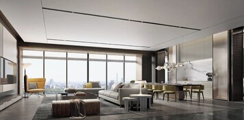 Una sala moderna con vista a la ciudad, un comedor y una cocina.