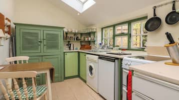 Fridge, electric kettle, toaster, cookware/dishes/utensils