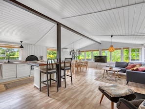 A spacious living area with a kitchen, dining table, and seating.