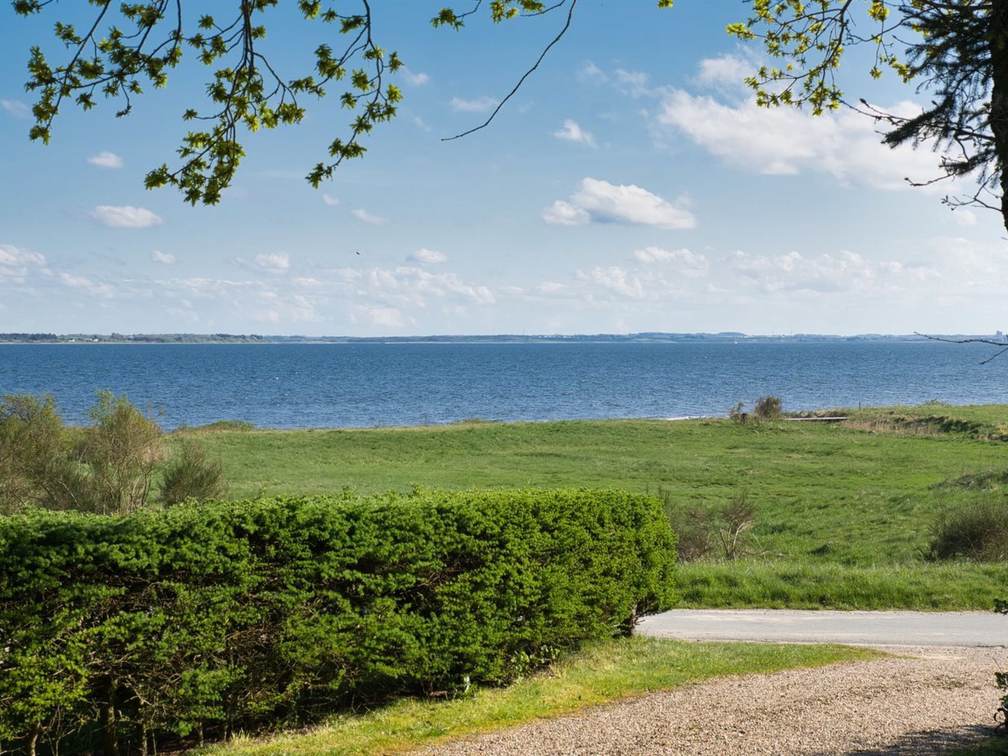 A coastal landscape with a grassy field, a hedge, and a gravel path leading to a road.
