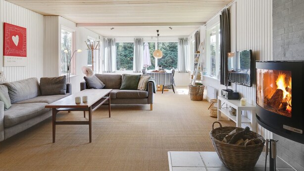 A cozy living room with a fireplace, a sofa, a coffee table, and a TV. - "Anevay" - 300m from the sea by Interhome (Hals)
