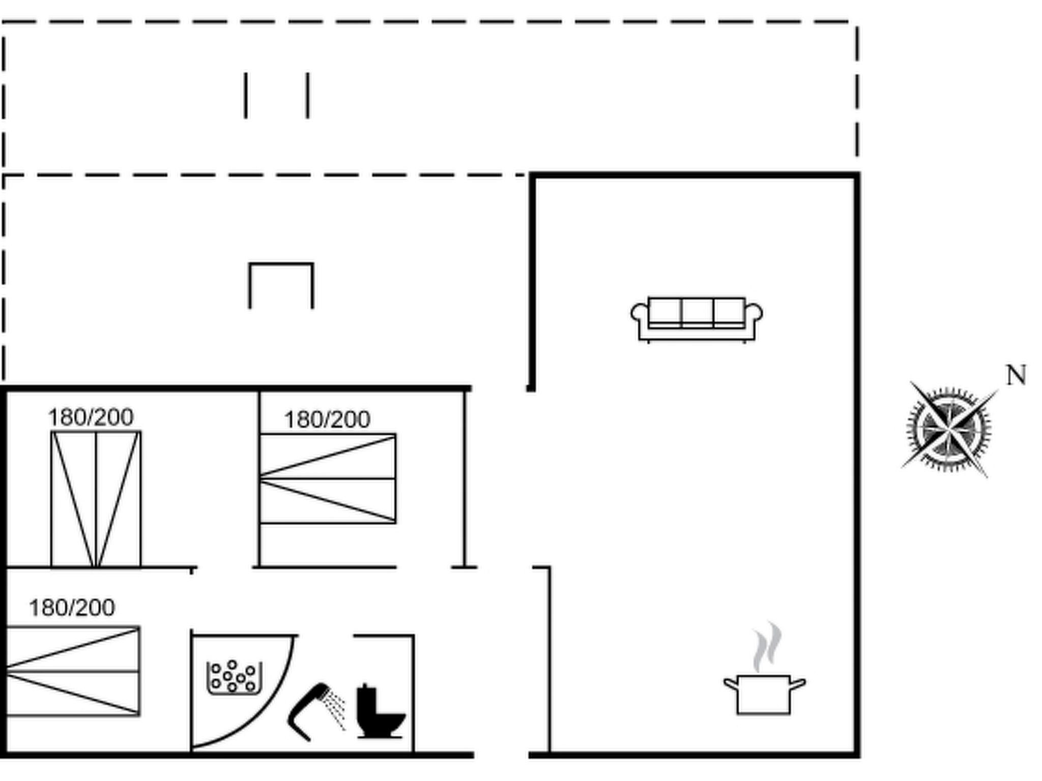 Ein Grundriss mit einer Küche, einer Essecke, einem Badezimmer und einem Wohnzimmer.