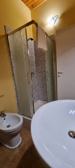 Chuveiro, secador de cabelo, bidê, toalhas de banho