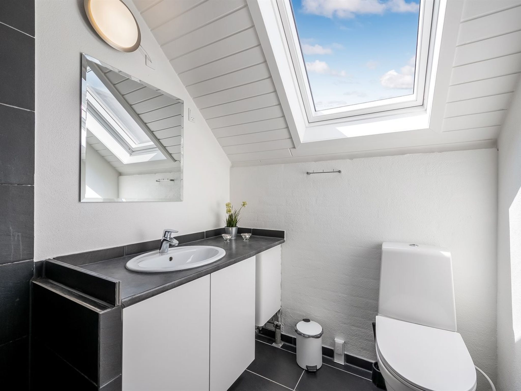 A modern bathroom with a skylight, a sink, a toilet, and a mirror.