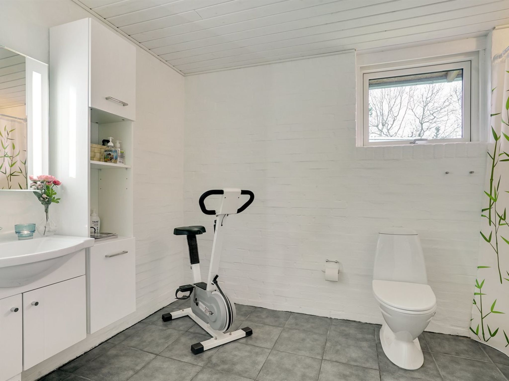 A bathroom with a white vanity, a toilet, and an exercise bike.