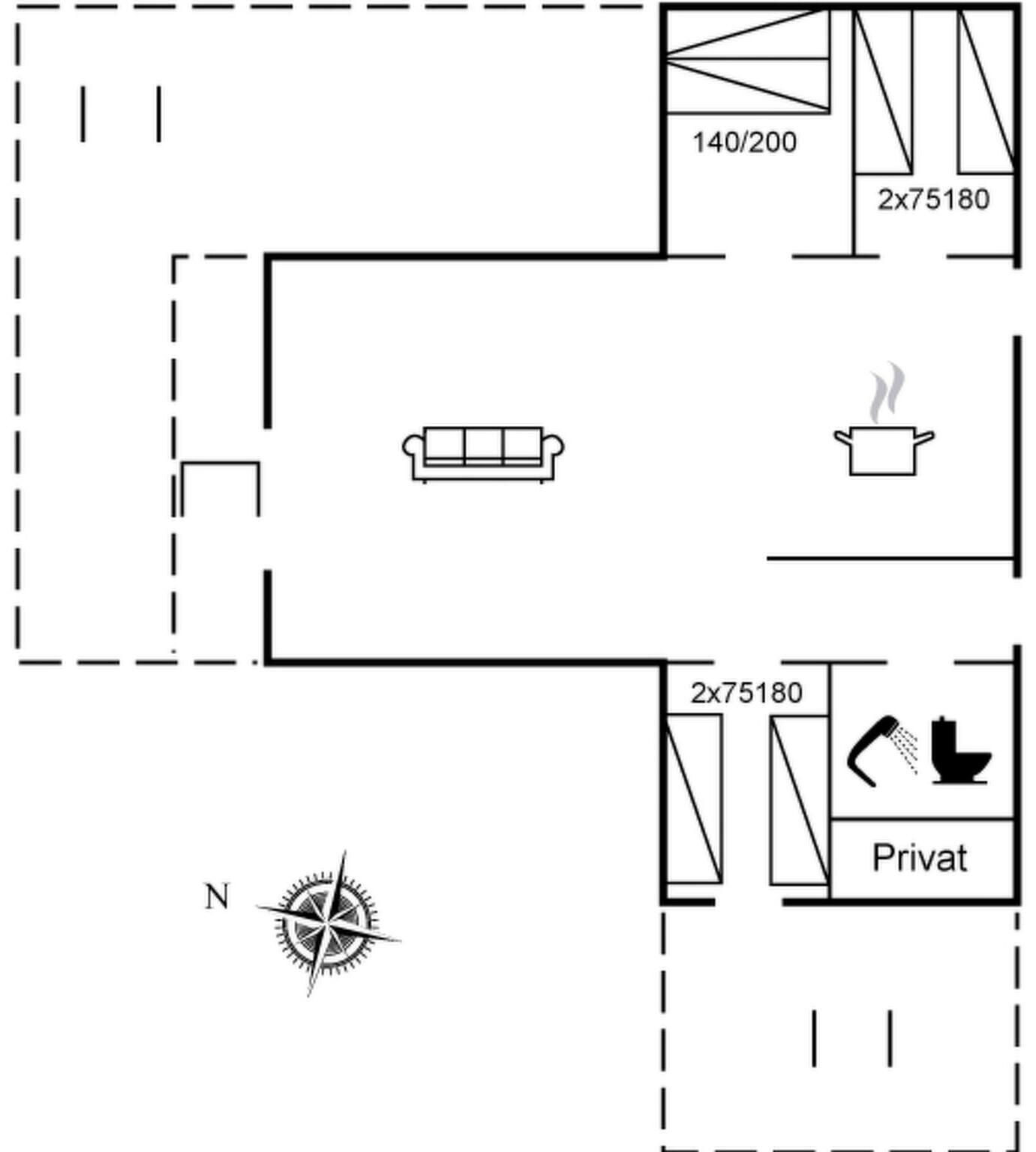 A floor plan with a living area, kitchenette, and a private bathroom.