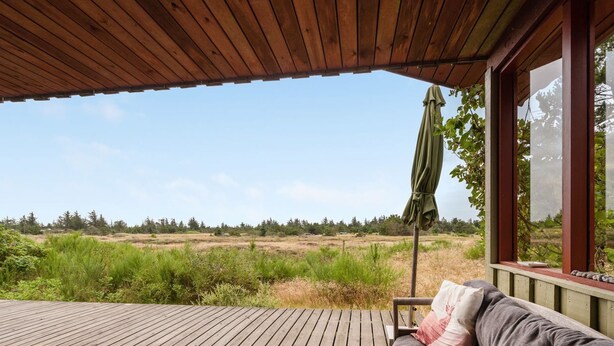 Une terrasse en bois avec un canapé et un parasol, offrant une vue sur un paysage naturel.