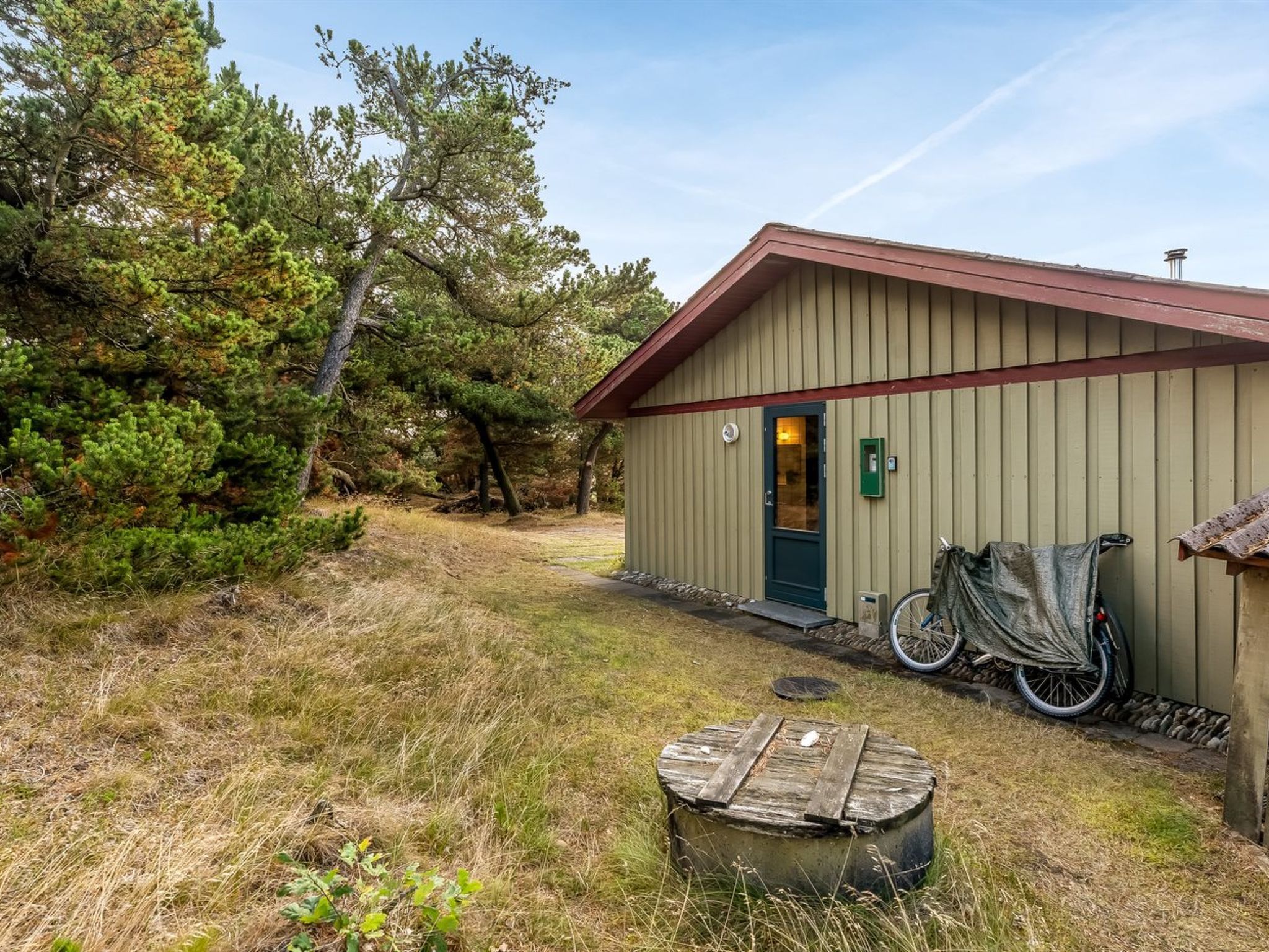 Un cobertizo de madera pequeño con puerta y ventanas, una bicicleta cubierta con un lona, y un barril de madera en un área cubierta de césped con árboles al fondo.