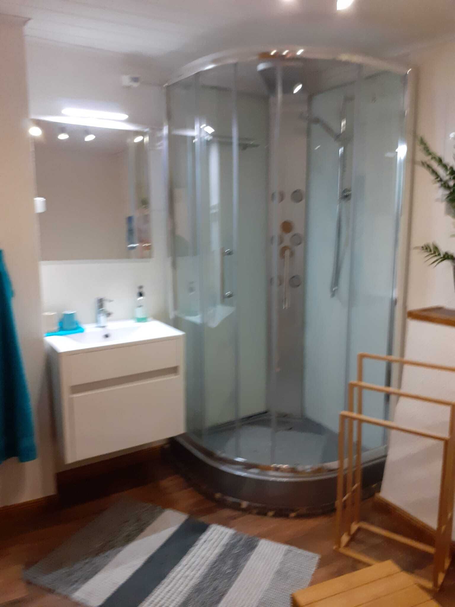 Dusche, Haartrockner, Handtücher, Seife
