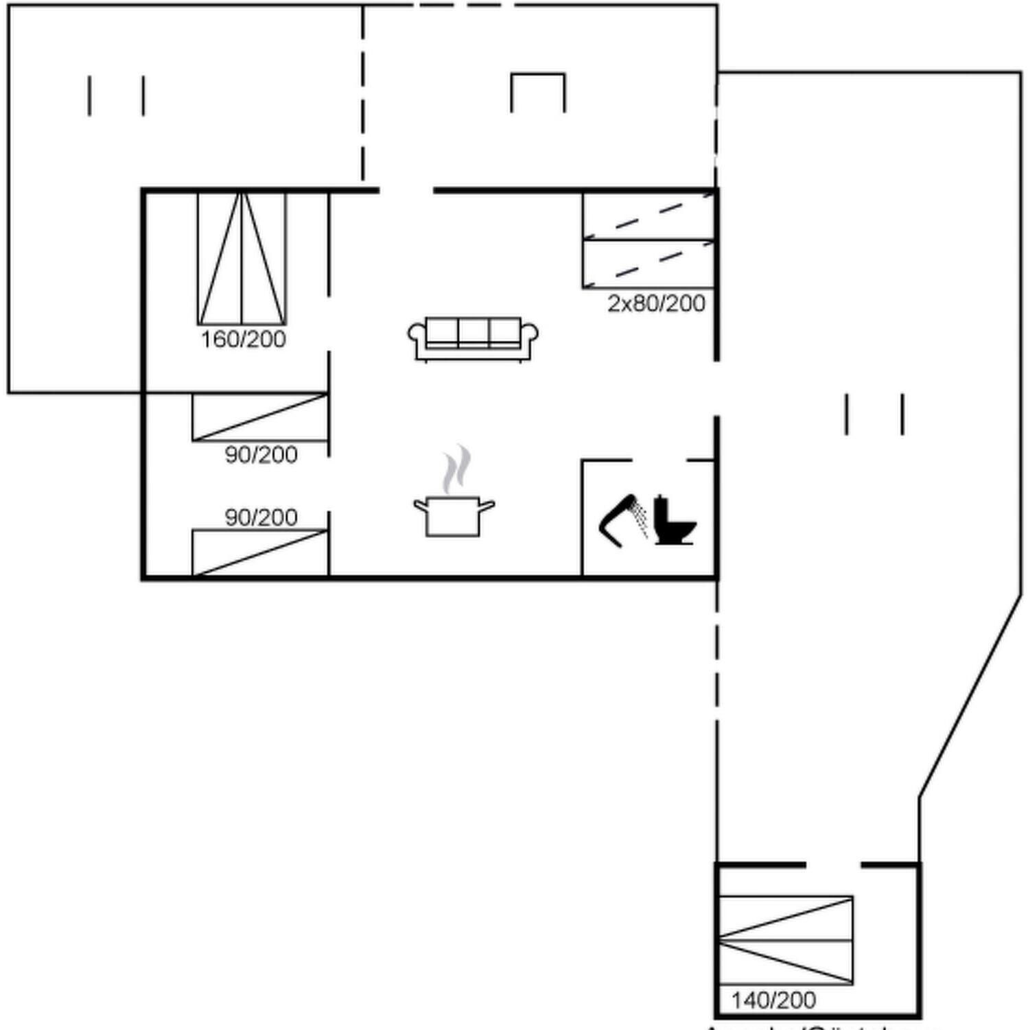A floor plan with a living area, kitchen, and a bathroom.