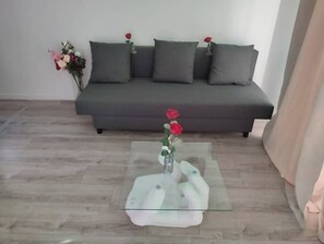 A modern living room with a grey sofa, a glass coffee table with a vase of flowers, and a wooden floor.
