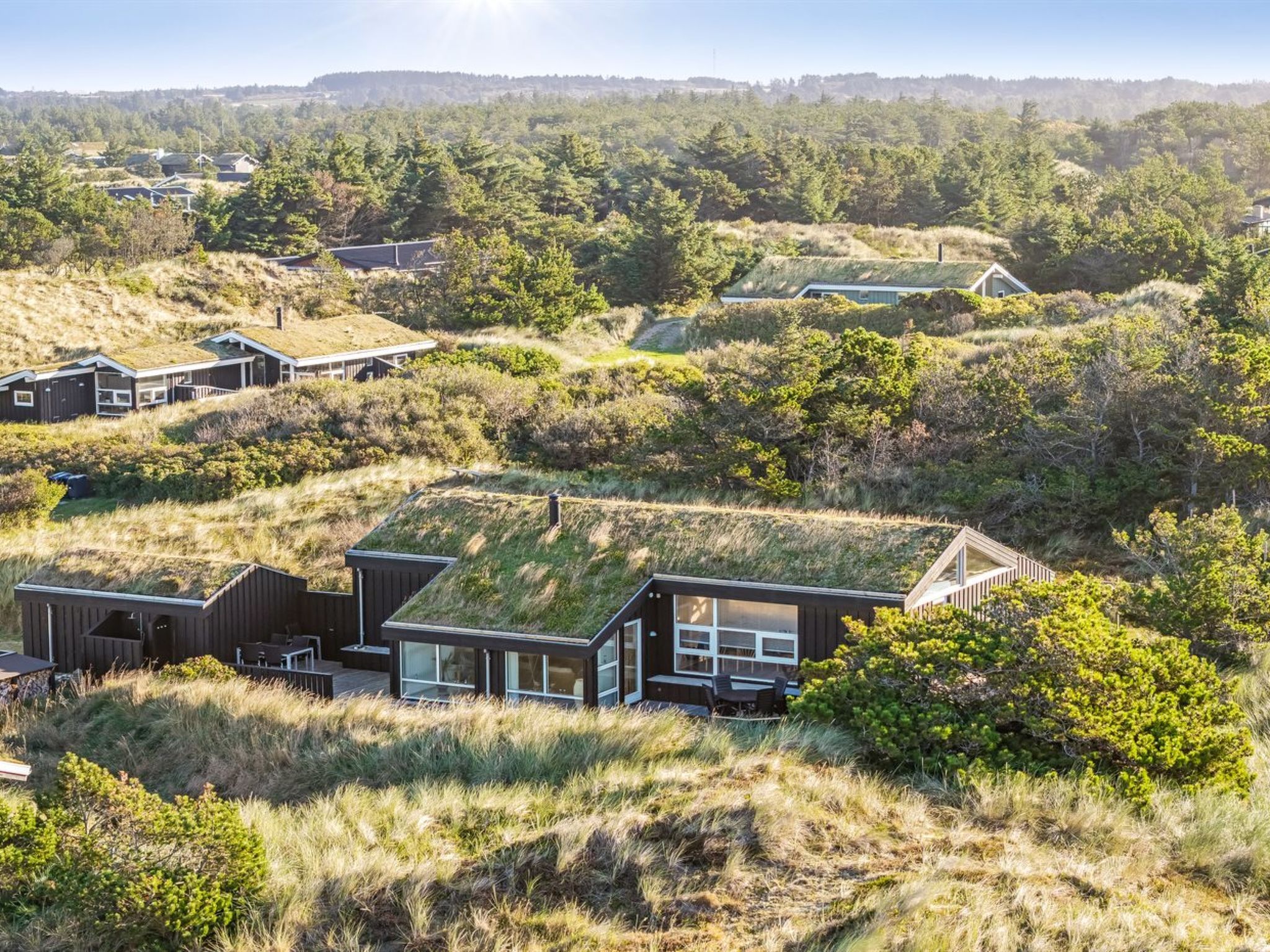 Un bâtiment moderne et écologique, doté d’un toit végétalisé et entouré d’un paysage naturel.