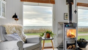 A cozy living room with a grey sofa, a small side table with candles and a plant, and a wood-burning stove. - "Akseline" - 20m from the sea by Interhome (Assens)