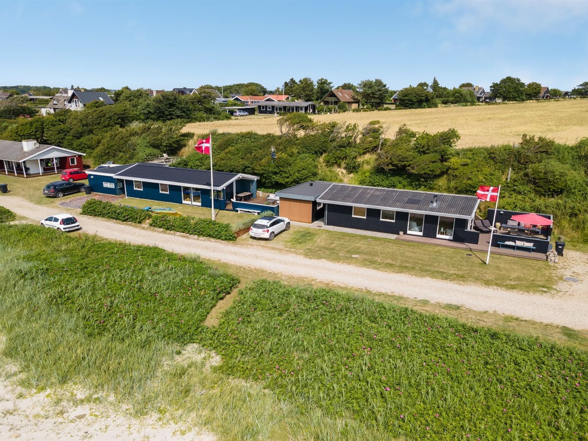 A residential area with houses, a flag, and a dirt road.