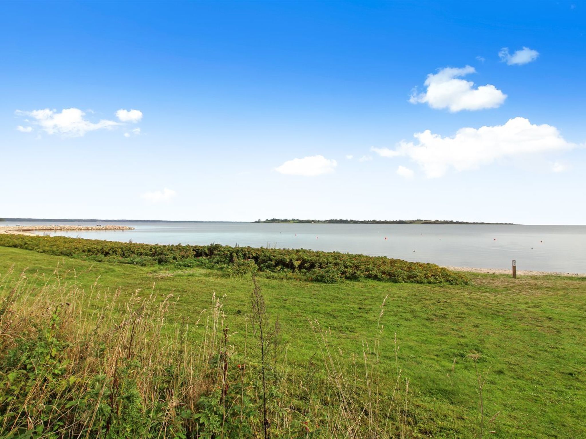 A coastal landscape with a grassy foreground, a calm sea, and a distant shoreline.