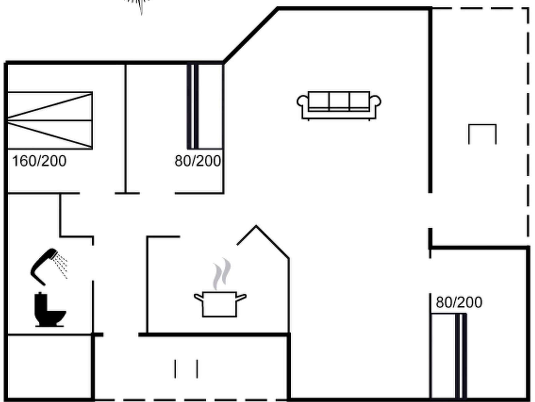 A floor plan with a kitchen, a living area, a bathroom, and a dining area.