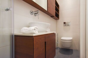 Shower, hair dryer, towels, toilet paper