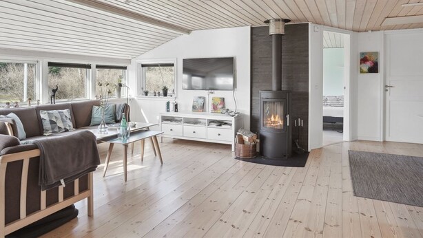 Un salon moderne doté d’une cheminée, de planchers en bois et d’un canapé agrémenté de coussins.