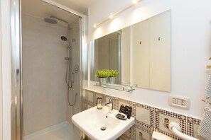 Shower, hair dryer, bidet, towels
