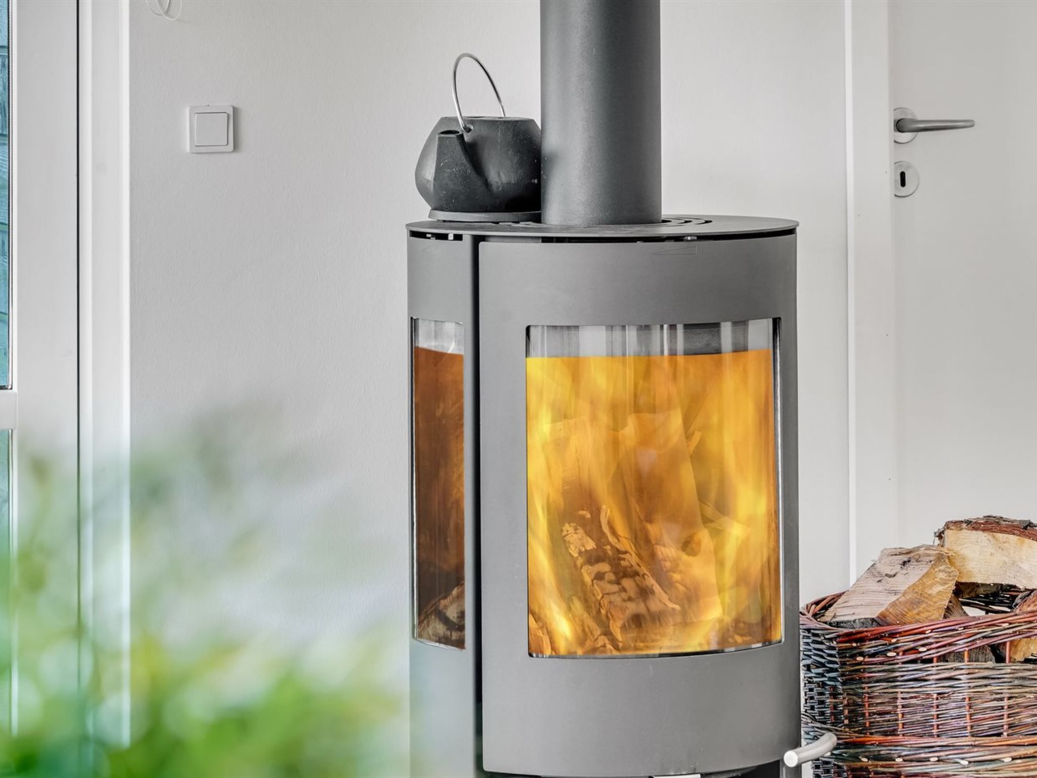 A modern wood-burning stove with a glass front, placed next to a door.