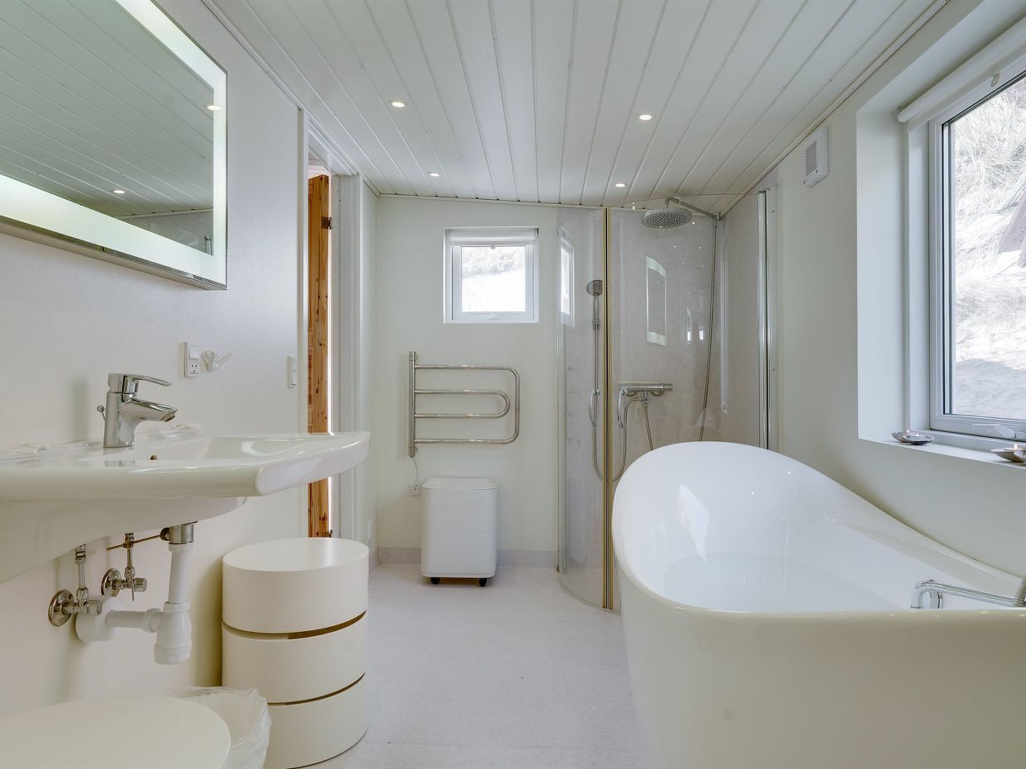 A modern bathroom with a freestanding bathtub, a large mirror, and a toilet.