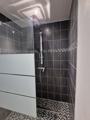 Shower, hair dryer, towels, soap