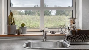 A kitchen with a stainless steel sink, a window with a view of greenery, and potted plants on the windowsill.