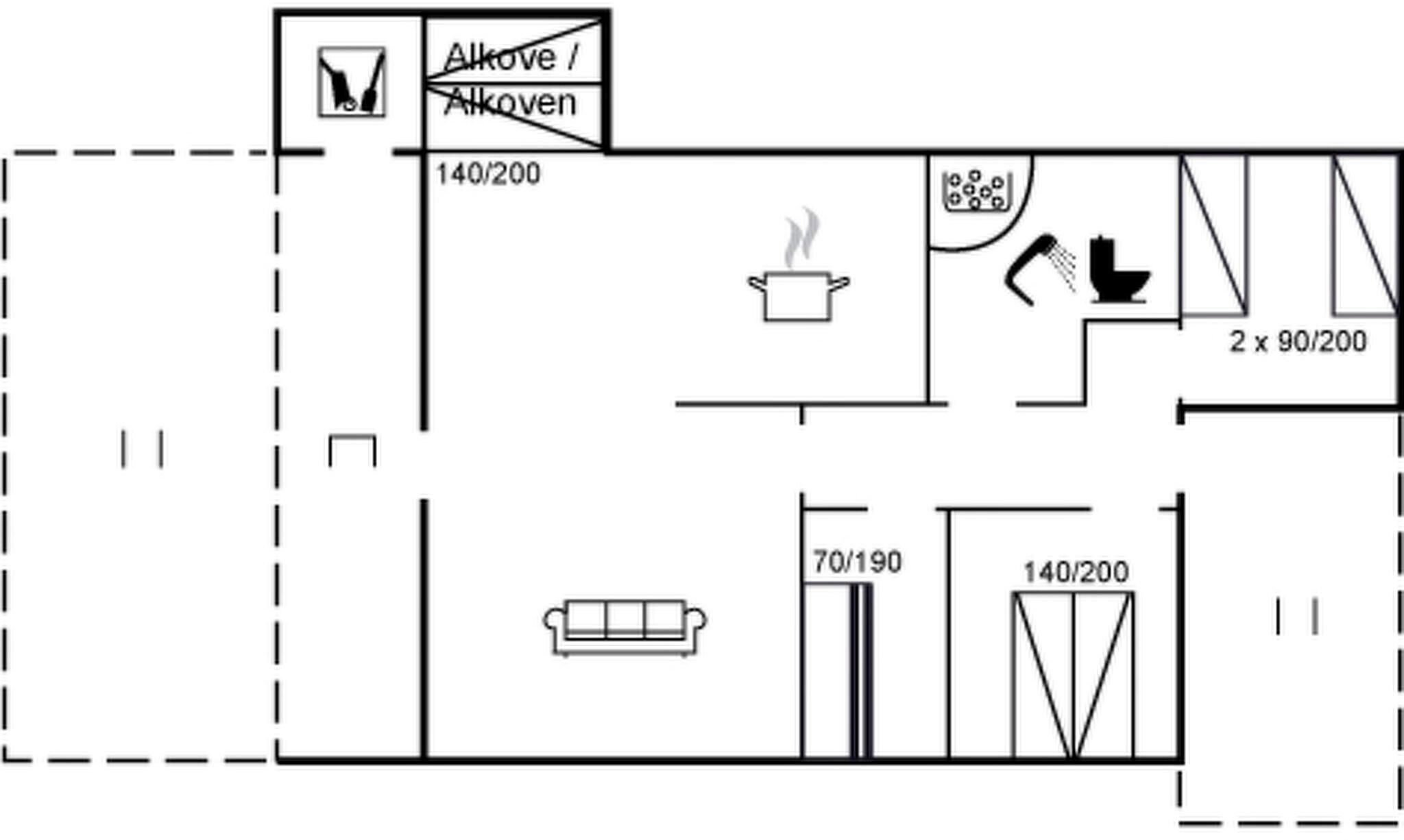 Een plattegrond met een kitchenette, een eetgedeelte en een woonruimte.
