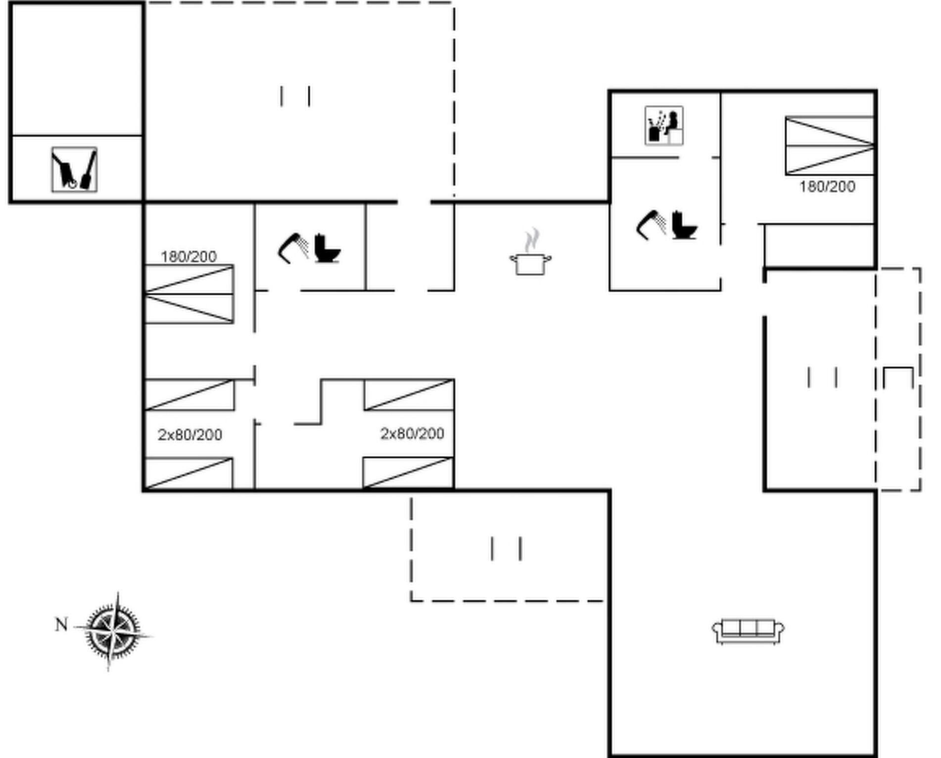 A floor plan with multiple rooms, including a kitchen, a bathroom, and a living area.
