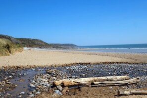 A beach with pebbles and driftwood, a clear sky, and distant hills.