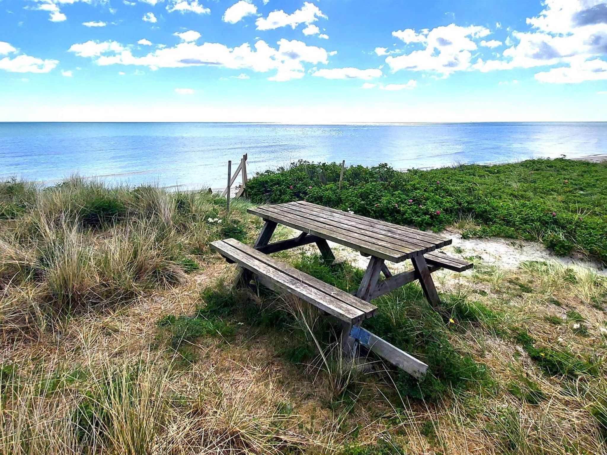 Ett picknickbord av trä står på en gräsyta med utsikt över havet.