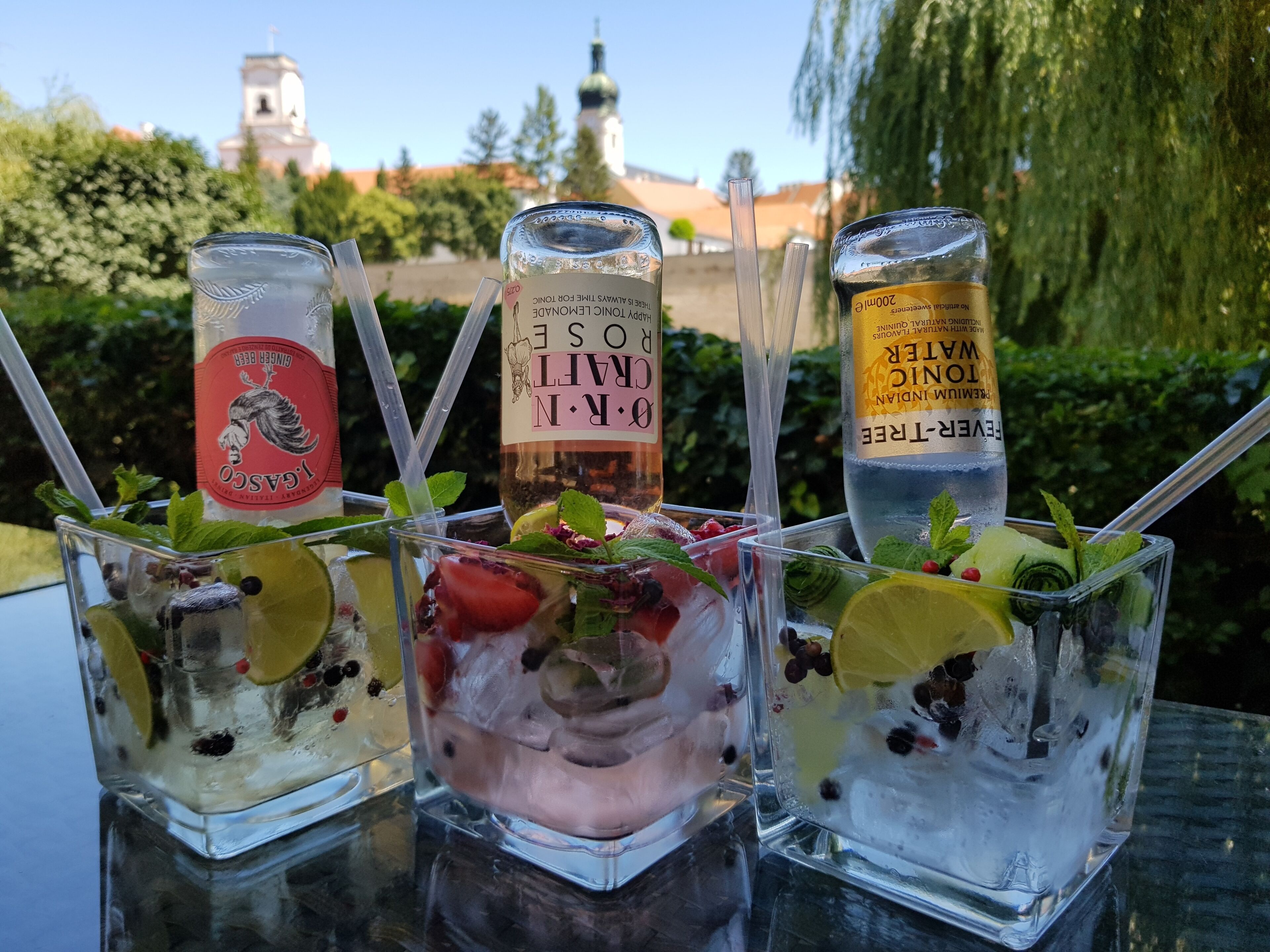 Trois verres de boissons glacées à la menthe et aux fruits rouges, et une bouteille d’eau.