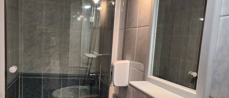 Un baño moderno con ducha de vidrio, un lavabo blanco y un espejo encima.
