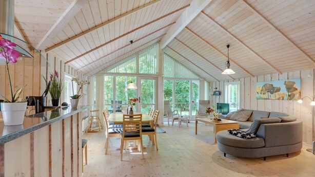 A spacious living area with a high ceiling, wooden beams, a dining table with chairs, a grey sofa, and a TV. - "Elita" - 1.7km from the sea by Interhome (Hals)