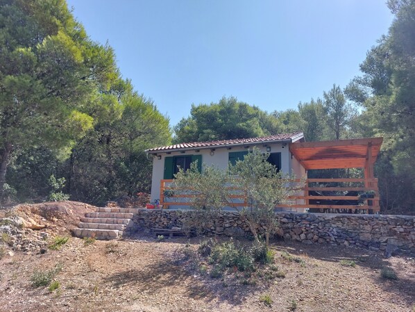 A small, rustic building with a tiled roof, surrounded by trees and a stone wall. - New vacation home with 2 terraces, right by the sea - a dream surrounded by forest (Murter)