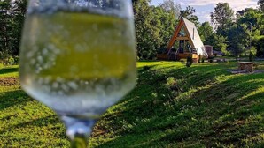 Una copa de vino blanco con vistas a una cabaña de madera en un paisaje verde y exuberante.